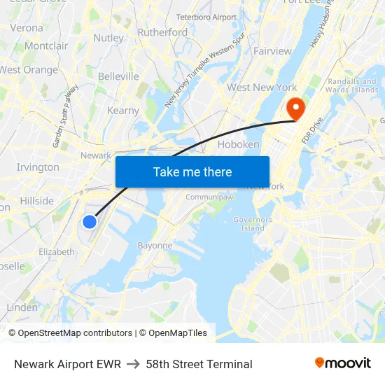 Newark Airport EWR to 58th Street Terminal map