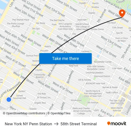 New York NY Penn Station to 58th Street Terminal map
