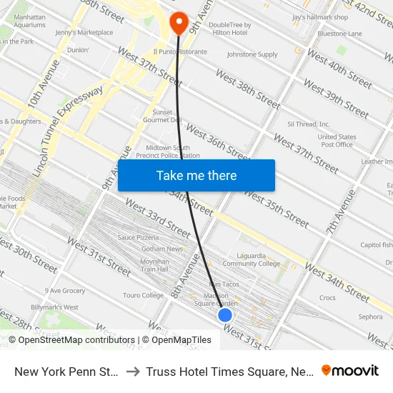 New York Penn Station to Truss Hotel Times Square, New York map