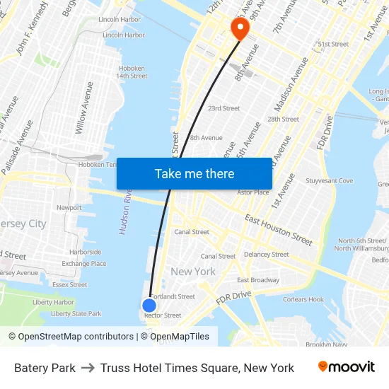 Batery Park to Truss Hotel Times Square, New York map