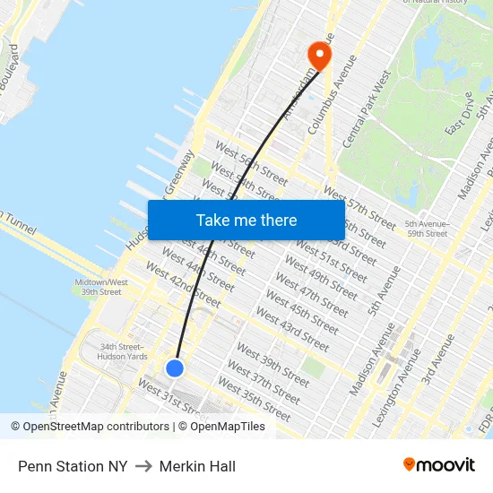 Penn Station NY to Merkin Hall map