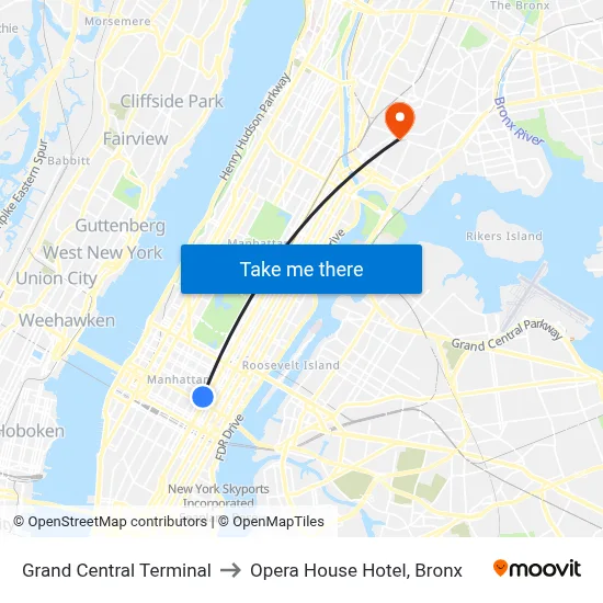 Grand Central Terminal to Opera House Hotel, Bronx map