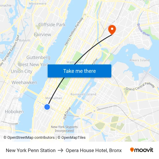 New York Penn Station to Opera House Hotel, Bronx map