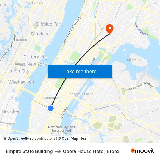 Empire State Building to Opera House Hotel, Bronx map
