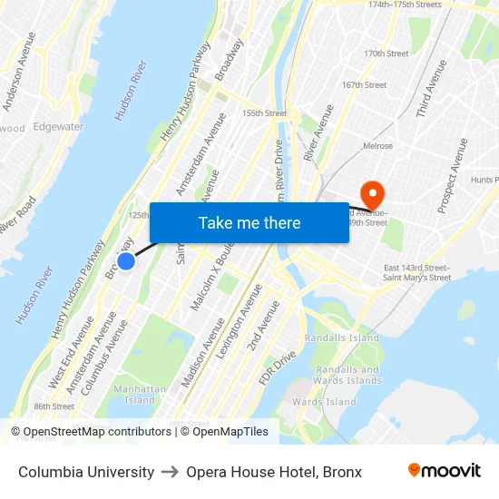Columbia University to Opera House Hotel, Bronx map
