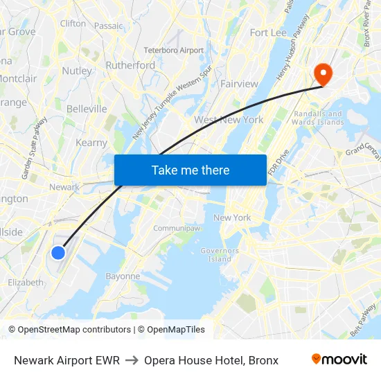 Newark Airport EWR to Opera House Hotel, Bronx map