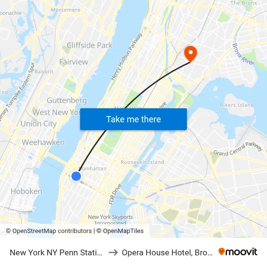 New York NY Penn Station to Opera House Hotel, Bronx map