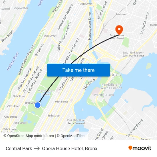 Central Park to Opera House Hotel, Bronx map