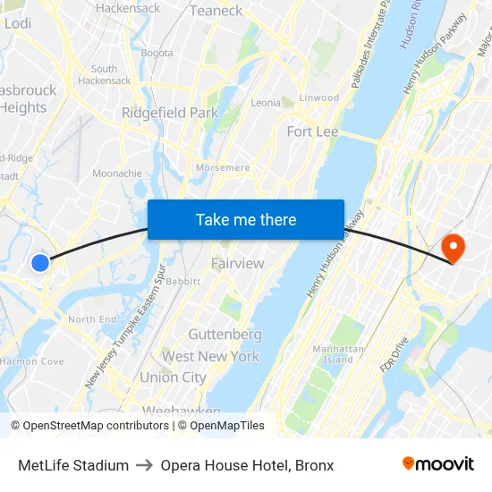 MetLife Stadium to Opera House Hotel, Bronx map