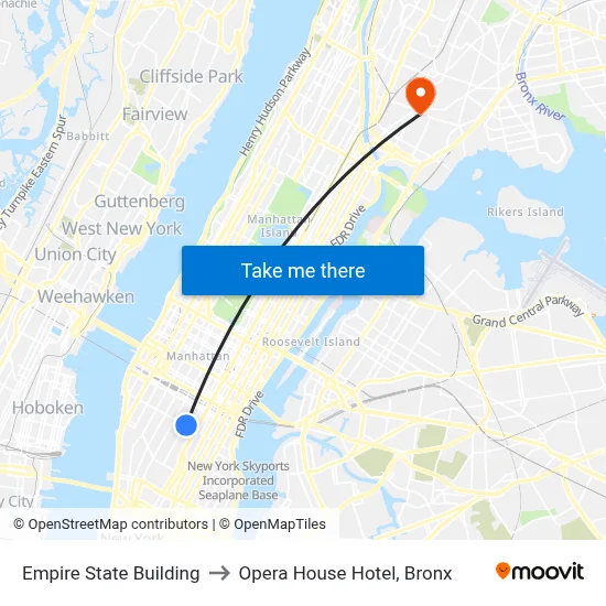 Empire State Building to Opera House Hotel, Bronx map