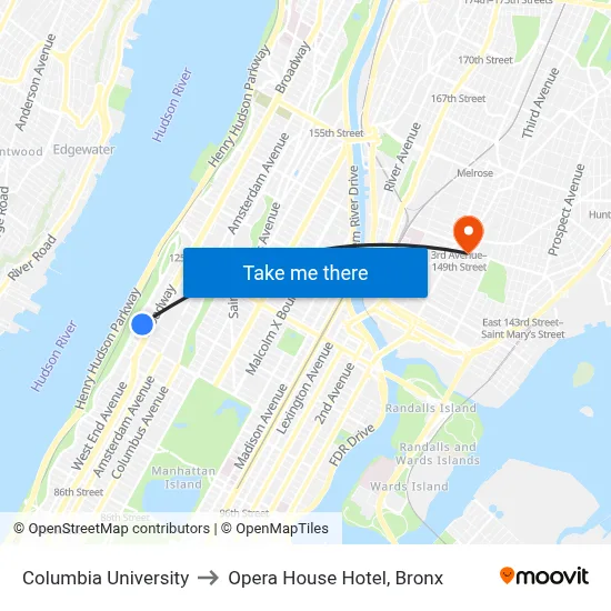 Columbia University to Opera House Hotel, Bronx map