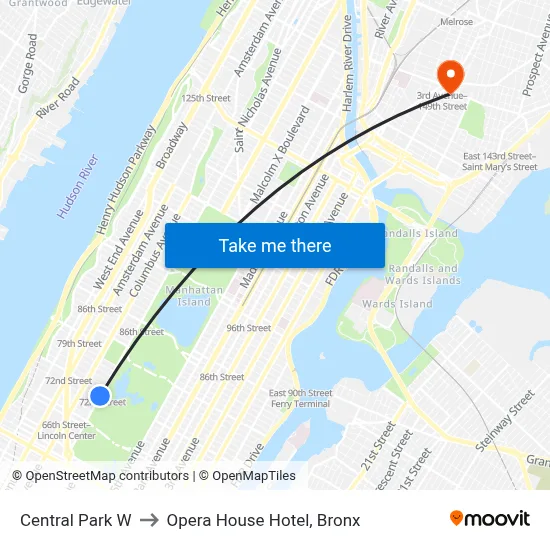 Central Park W, New York, NY 10023 to Opera House Hotel, Bronx map