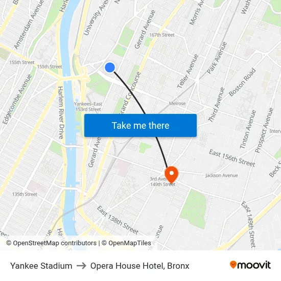 Yankee Stadium to Opera House Hotel, Bronx map