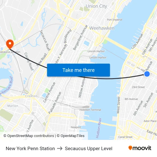 New York Penn Station to Secaucus Upper Level map