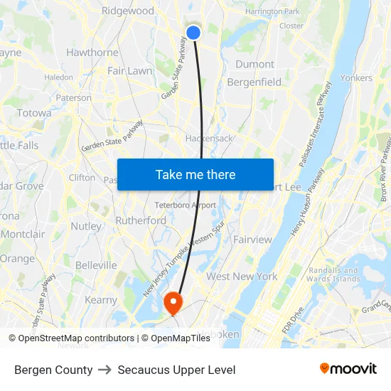 Bergen County to Secaucus Upper Level map