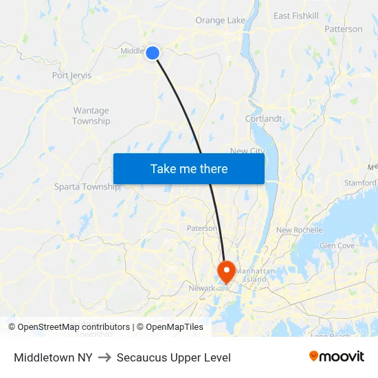 Middletown NY to Secaucus Upper Level map