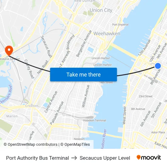 Port Authority Bus Terminal to Secaucus Upper Level map