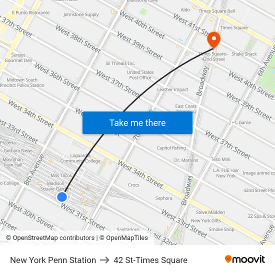 New York Penn Station to 42 St-Times Square map