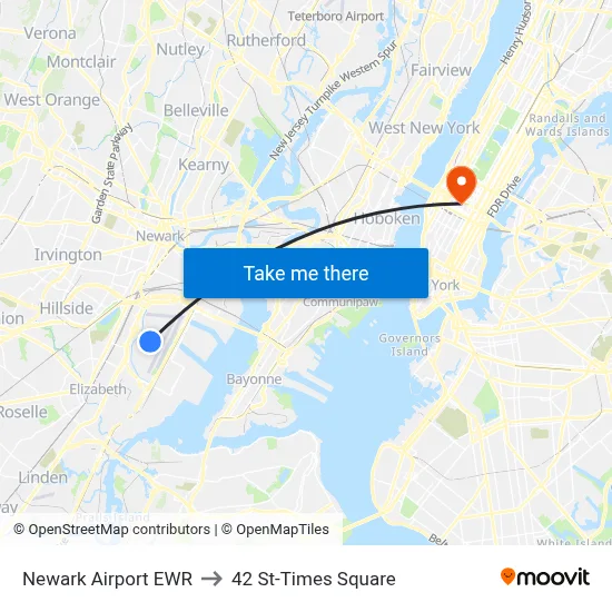 Newark Airport EWR to 42 St-Times Square map