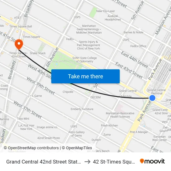 Grand Central 42nd Street Station to 42 St-Times Square map