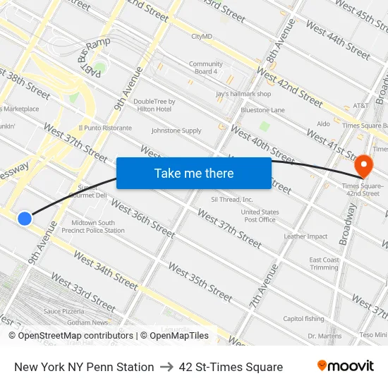New York NY Penn Station to 42 St-Times Square map
