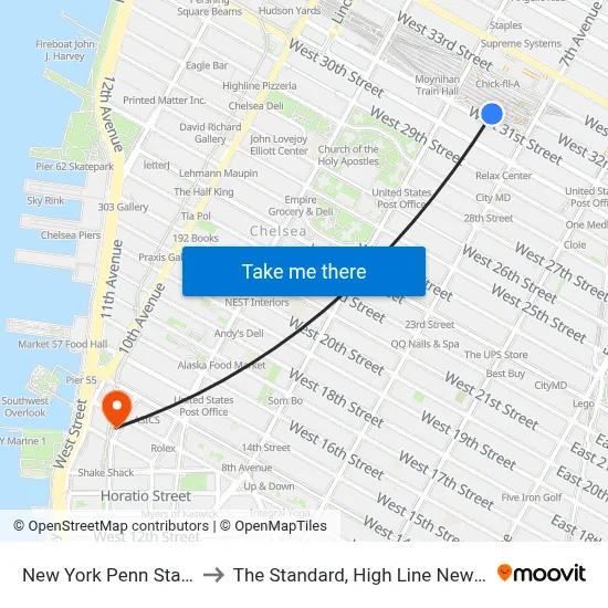 New York Penn Station to The Standard, High Line New York map