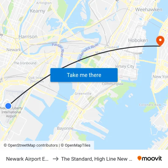 Newark Airport EWR to The Standard, High Line New York map