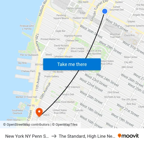 New York NY Penn Station to The Standard, High Line New York map
