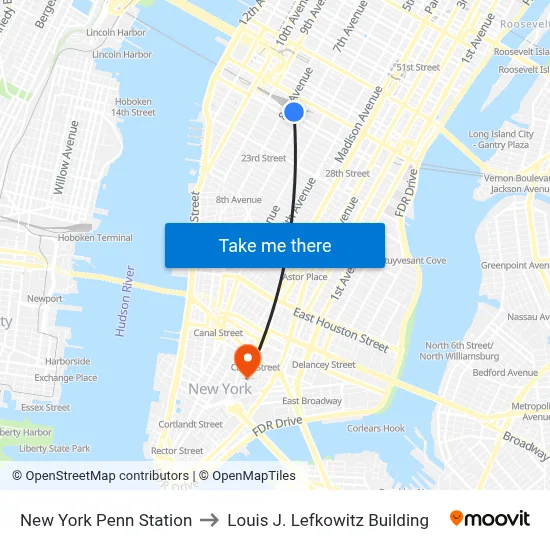 New York Penn Station to Louis J. Lefkowitz Building map