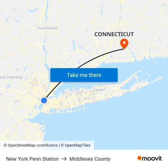 New York Penn Station to Middlesex County map