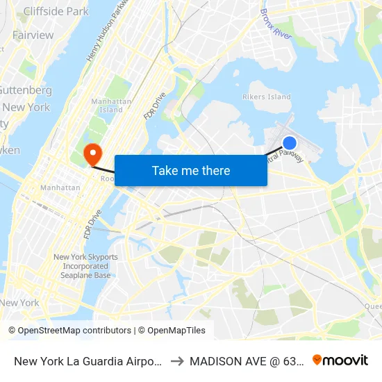 New York La Guardia Airport LGA to MADISON AVE @ 63rd ST map