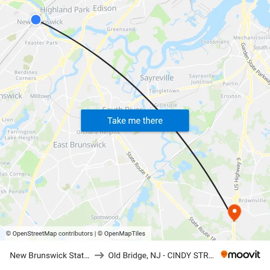 New Brunswick Station to Old Bridge, NJ - CINDY STREET map