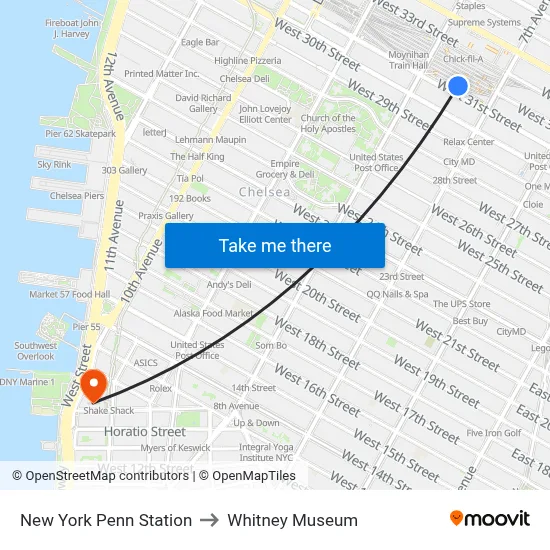 New York Penn Station to Whitney Museum map