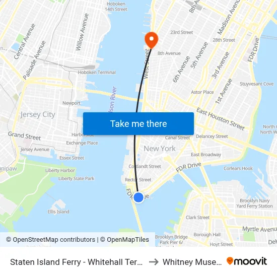 Staten Island Ferry - Whitehall Terminal to Whitney Museum map