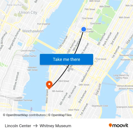 Lincoln Center to Whitney Museum map