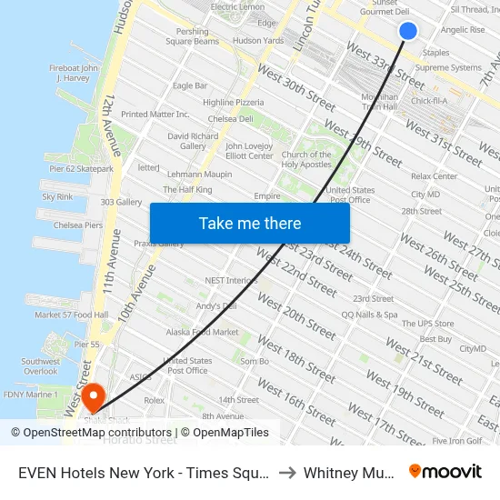 EVEN Hotels New York - Times Square South to Whitney Museum map