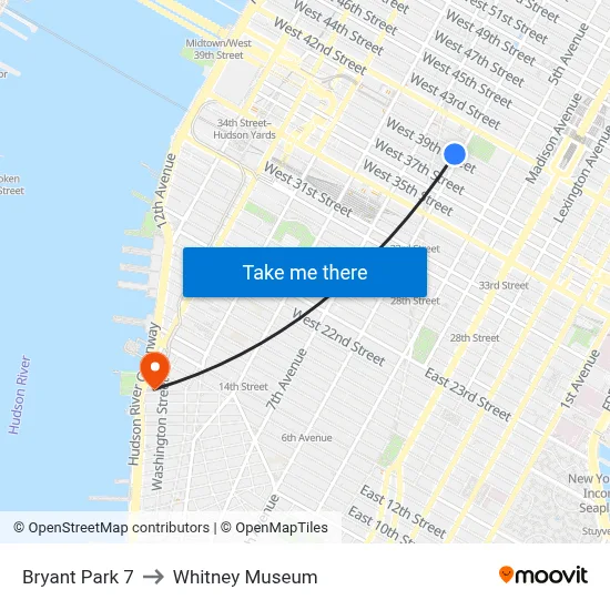 Bryant Park 7 to Whitney Museum map