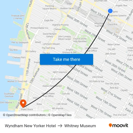Wyndham New Yorker Hotel to Whitney Museum map