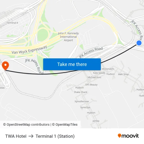 TWA Hotel to Terminal 1 (Station) map