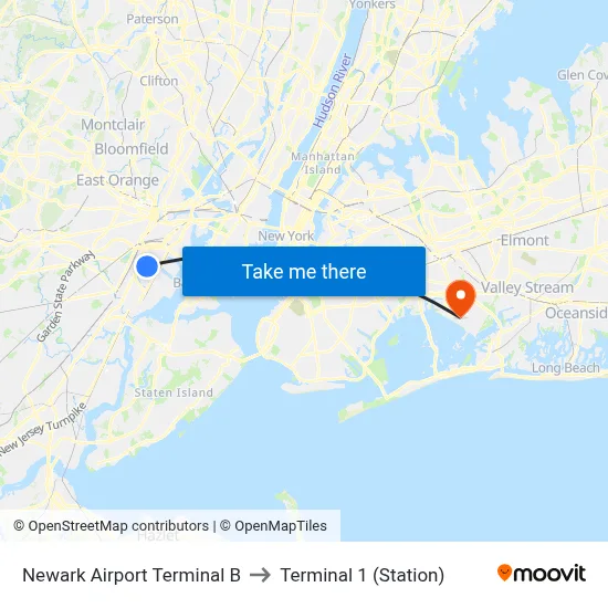 Newark Airport Terminal B to Terminal 1 (Station) map