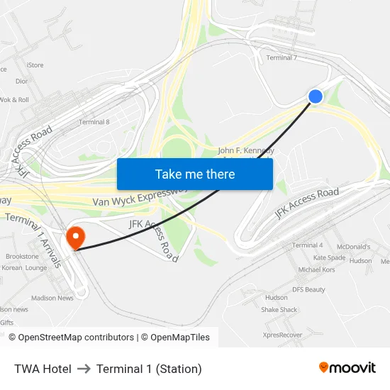 TWA Hotel to Terminal 1 (Station) map