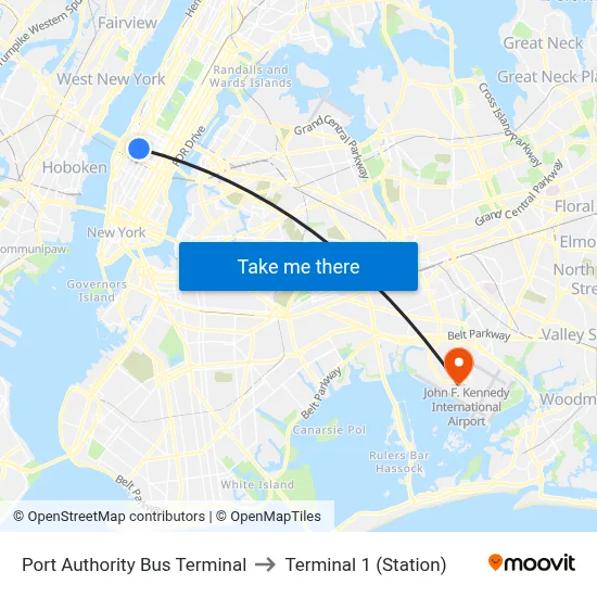 Port Authority Bus Terminal to Terminal 1 (Station) map