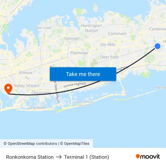 Ronkonkoma Station to Terminal 1 (Station) map