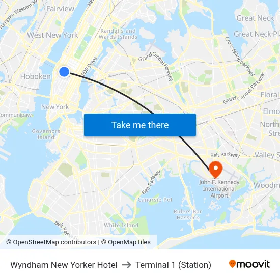 Wyndham New Yorker Hotel to Terminal 1 (Station) map