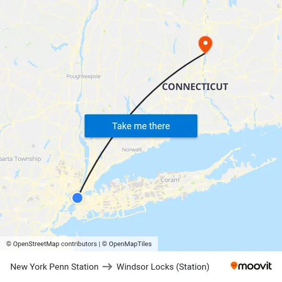 New York Penn Station to Windsor Locks (Station) map