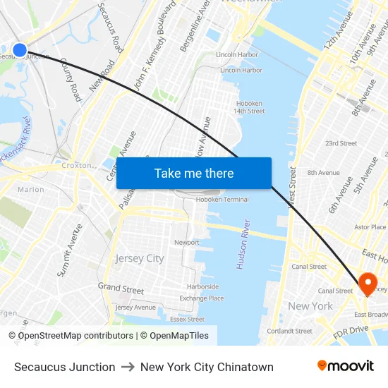 Secaucus Junction to New York City Chinatown map