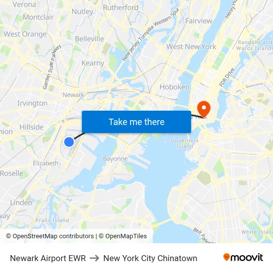 Newark Airport EWR to New York City Chinatown map
