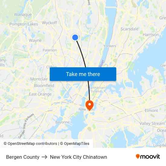 Bergen County to New York City Chinatown map