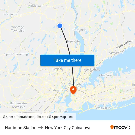 Harriman Station to New York City Chinatown map