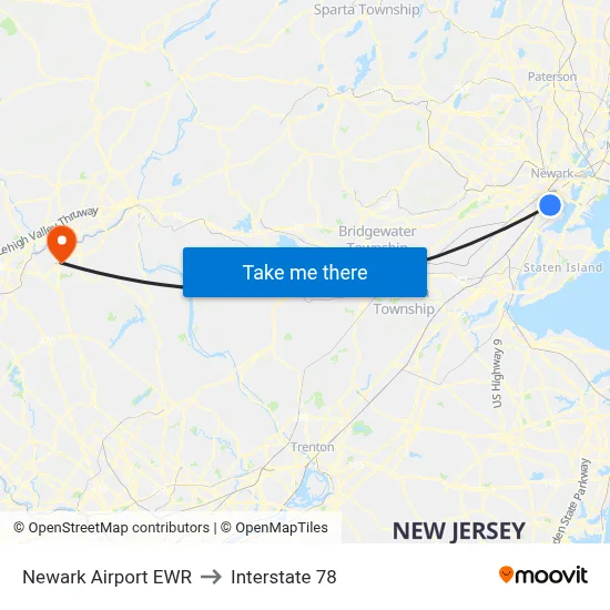 Newark Airport EWR to Interstate 78 map